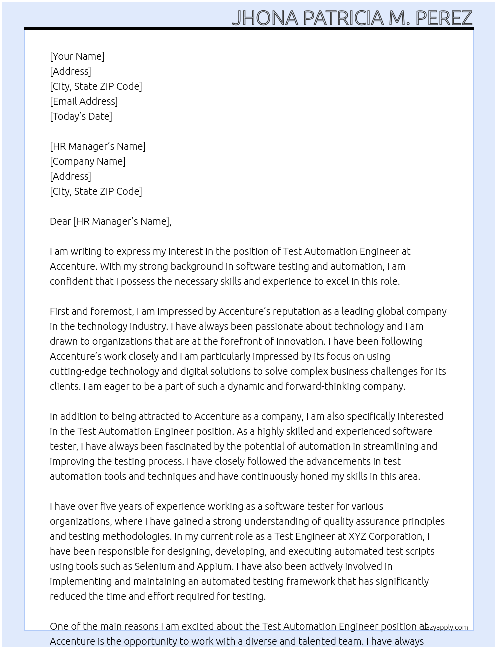 Test Automation Engineer At Accenture Cover Letter