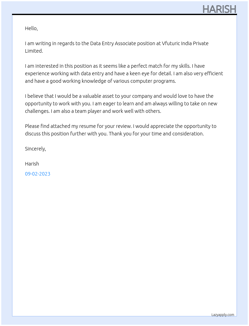 Data Entry Associate At Vfuturic India Private Limited Cover Letter