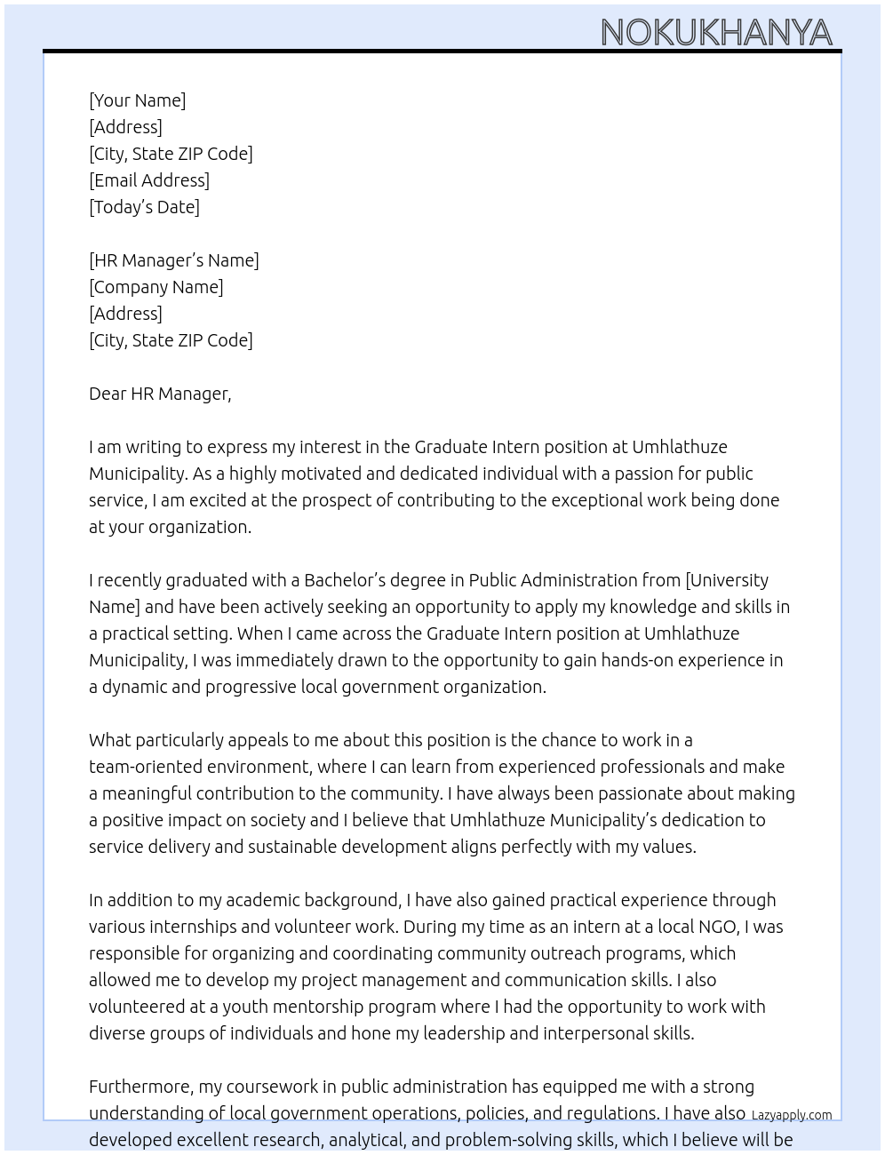 Graduate Intern  At Umhlathuze Municipality  Cover Letter