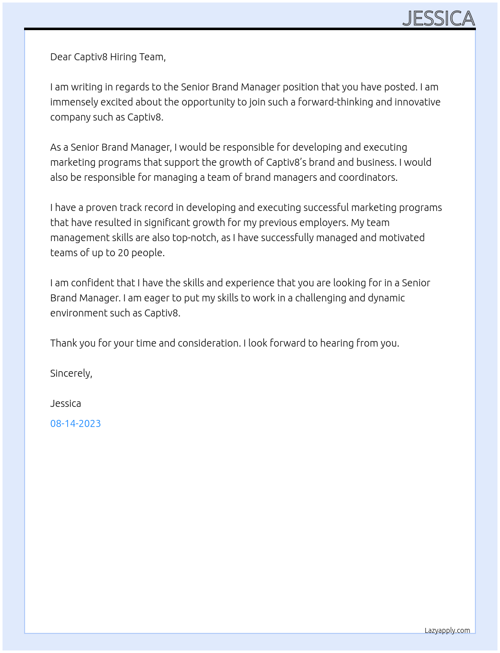 Senior Brand Manager At Captiv8 Cover Letter
