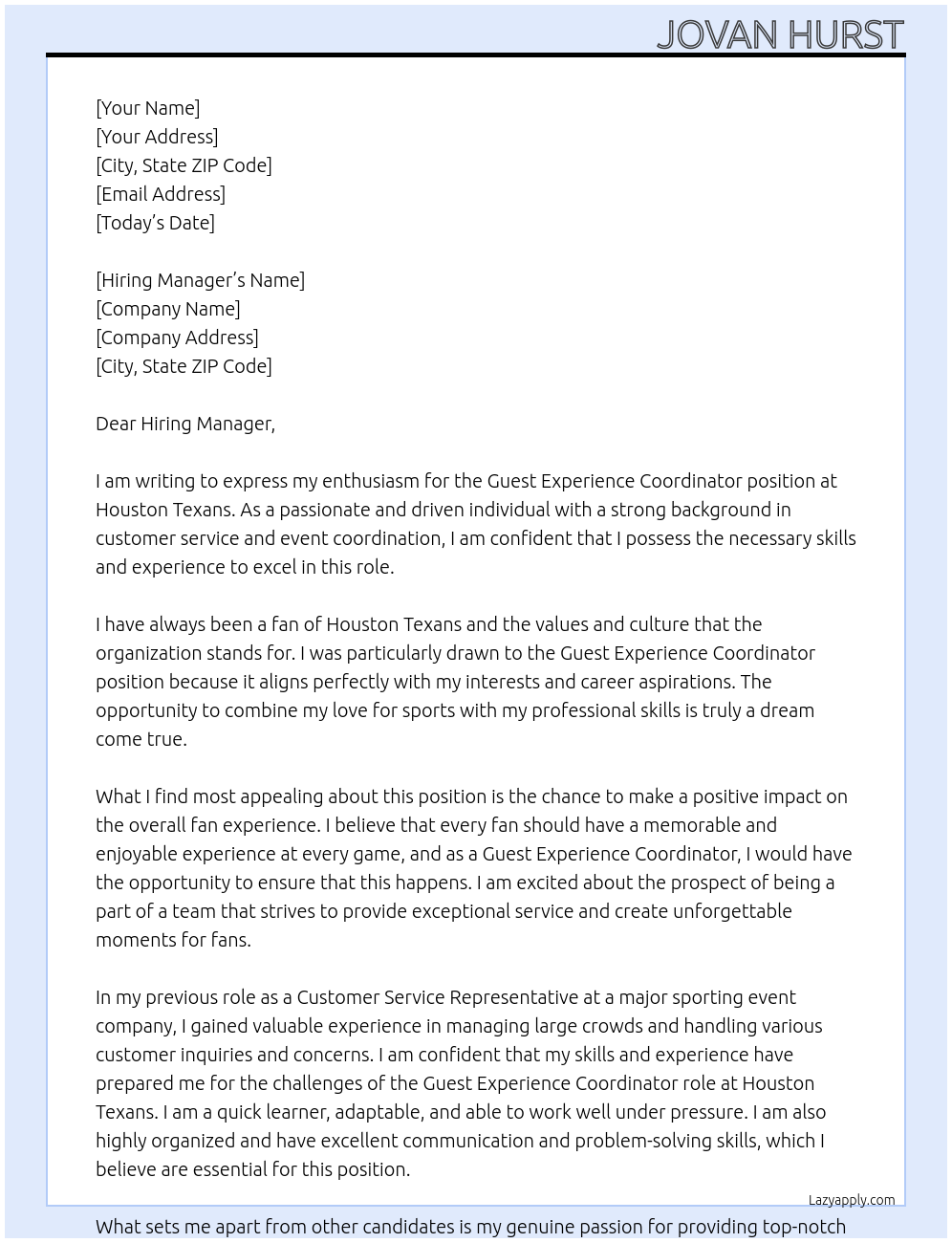 Guest Experience Coordinator At Houston Texans Cover Letter