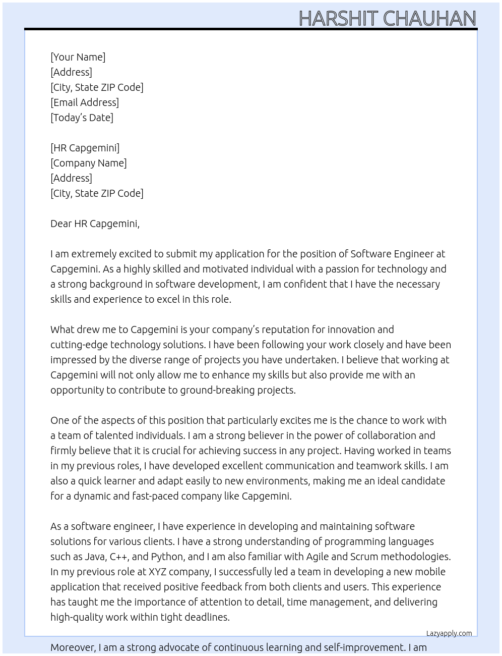 sofware engineer  At capgimini Cover Letter