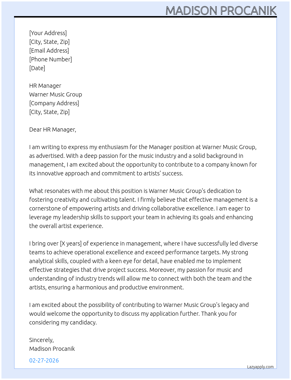 Manager At Warner Music Group Cover Letter