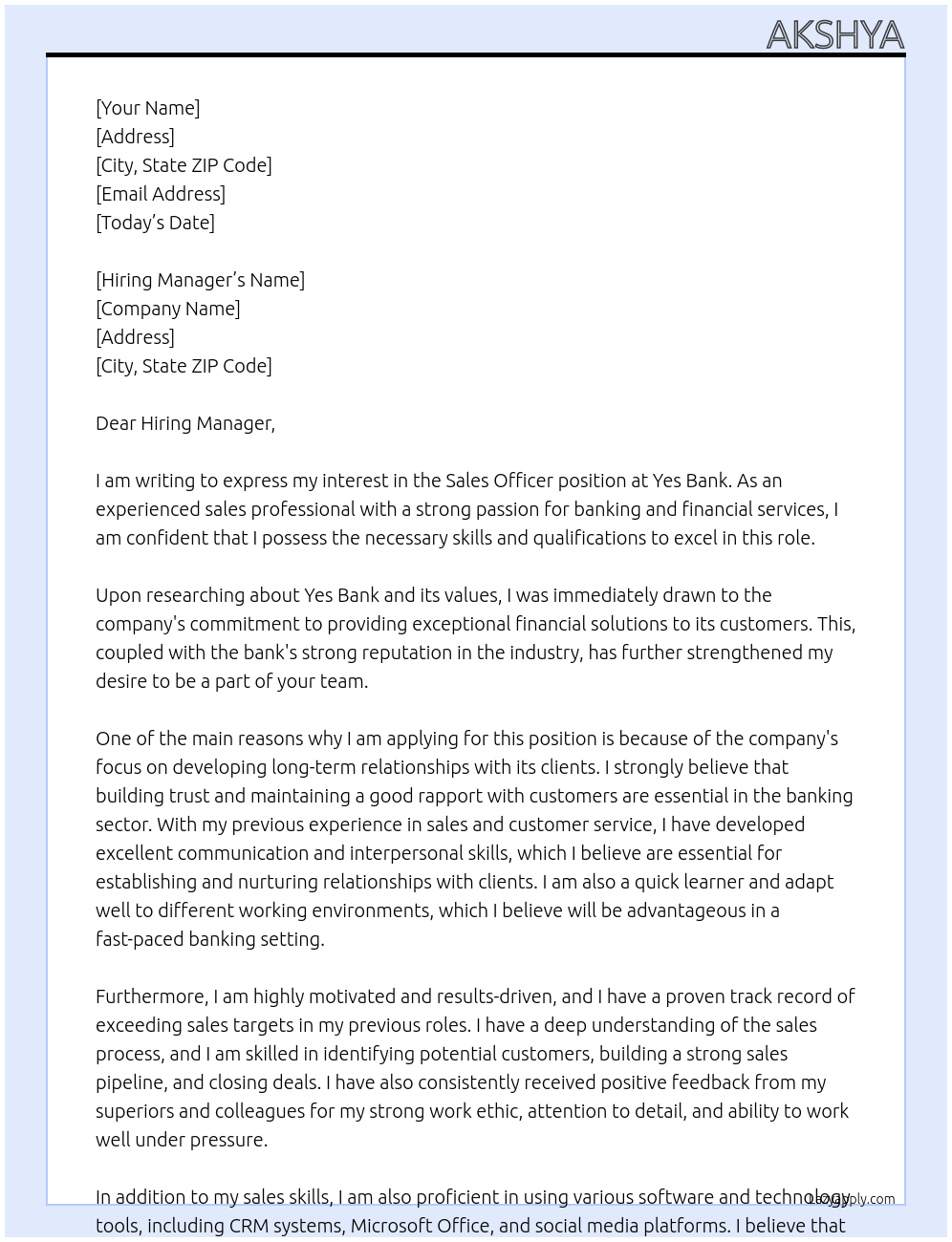 Sales officer At Yes bank Cover Letter