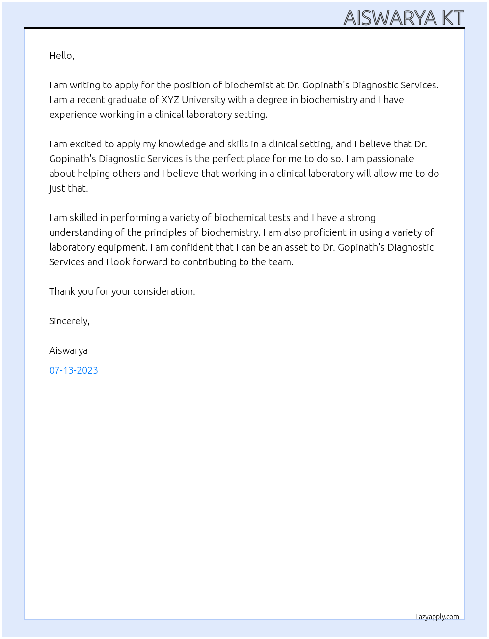 biochemist At Dr gopinath's Diagnostic services Cover Letter