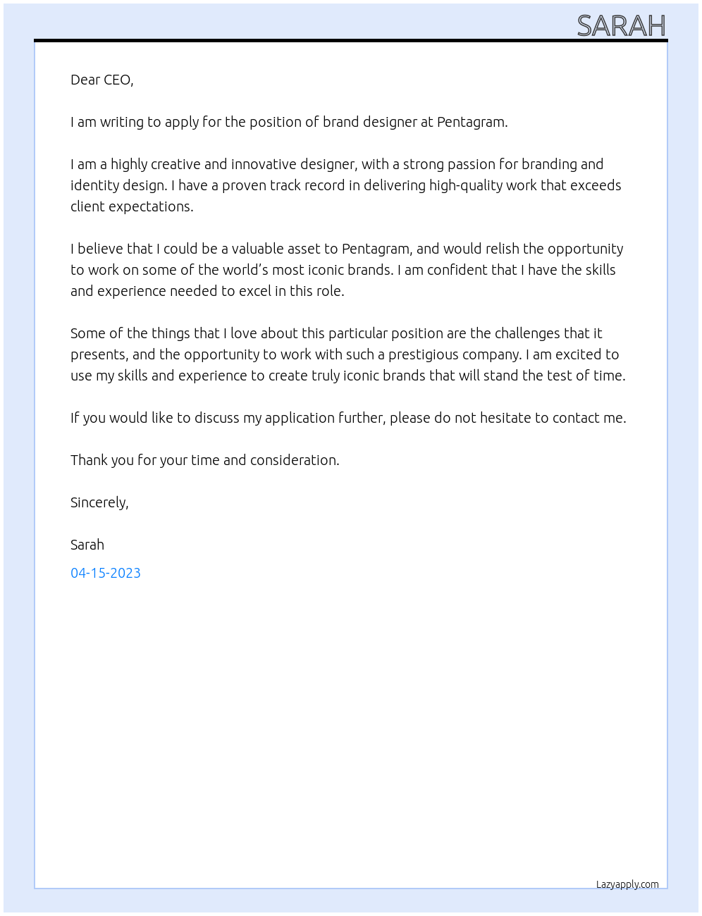 BRAND DESIGNER At PENTAGRAM Cover Letter