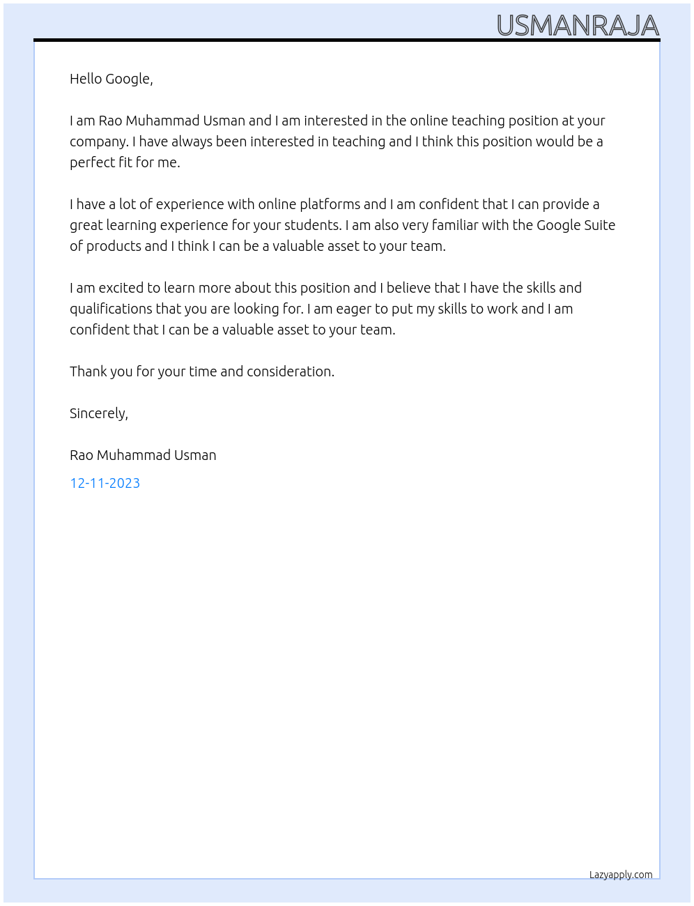 Online teaching  At Google  Cover Letter