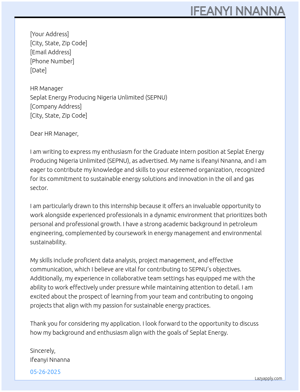 Graduate intern  At Seplat Energy Producing Nigeria Unlimited (SEPNU) Cover Letter