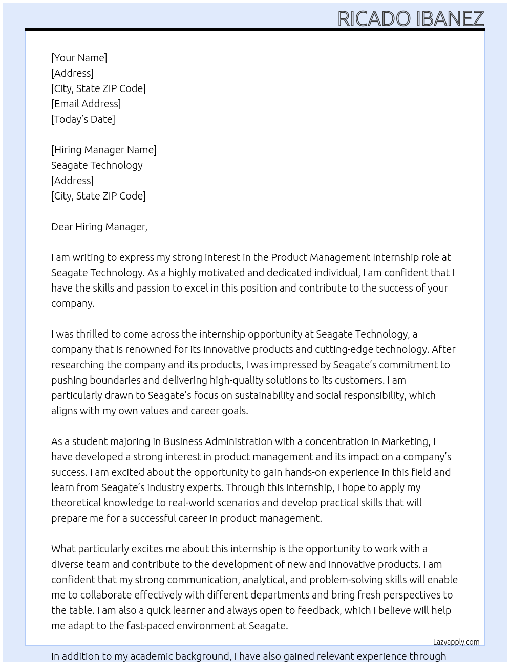 Product Management Internship At Seagate Technology Cover Letter