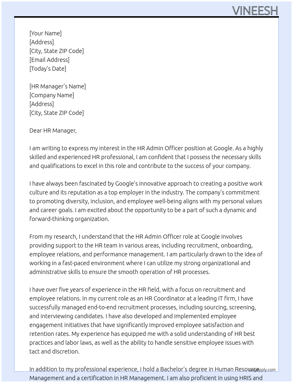 HR ADMIN OFFICER At GOOGLE Cover Letter