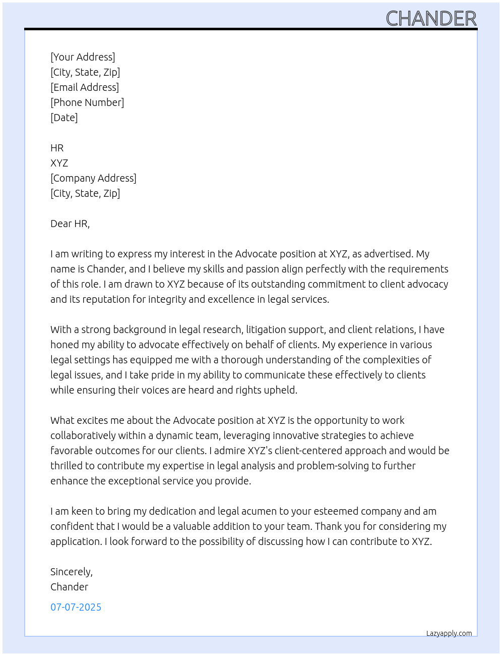 Cover letter for advocate - LazyApply