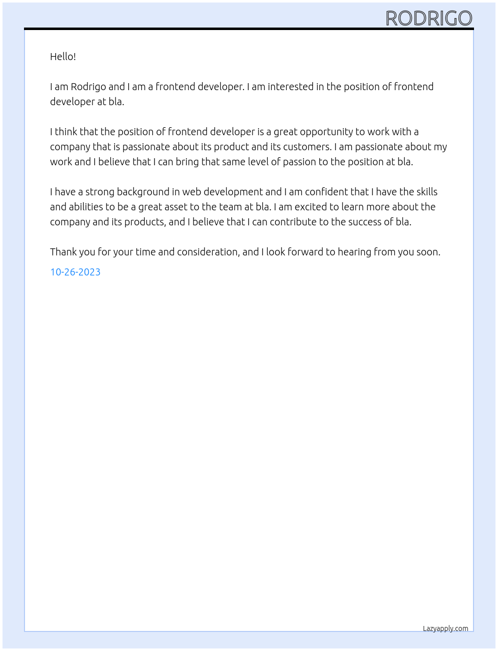frontend developer At bla Cover Letter