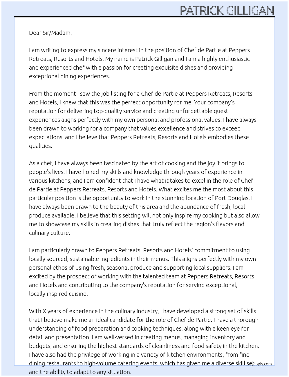 Chef de Partie At Peppers Retreats, Resorts and Hotels Cover Letter