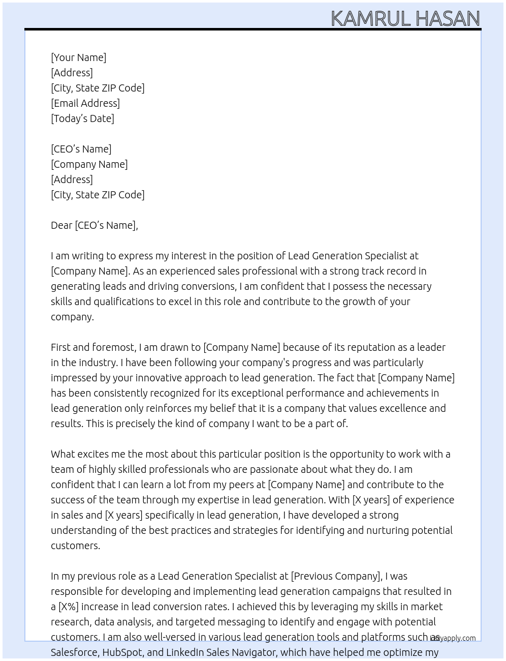 Lead Generation Specialist At x Cover Letter