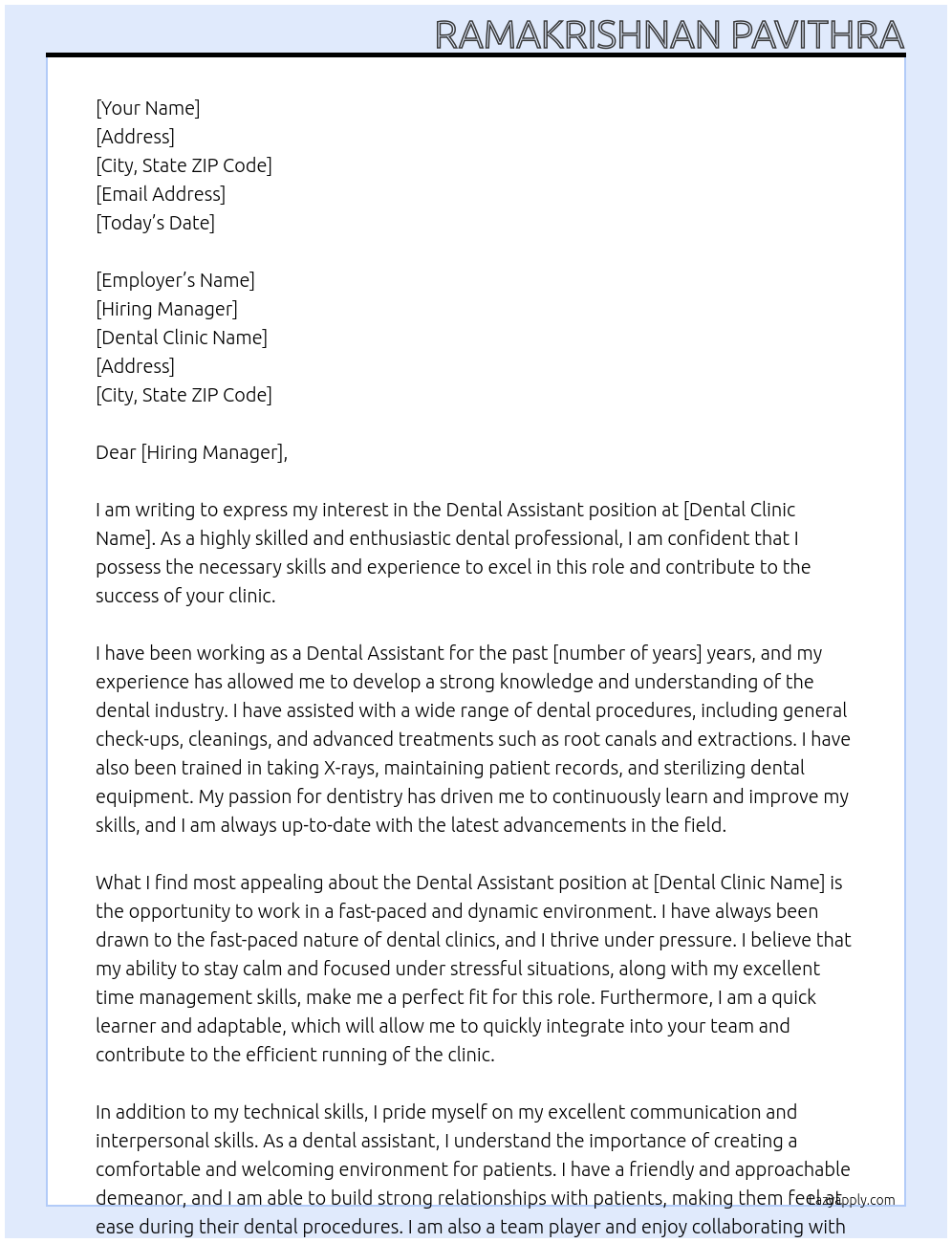 dental assistant At dental clinic Cover Letter