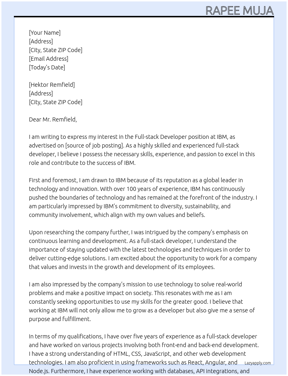 Full-stack Developer At IBM Cover Letter