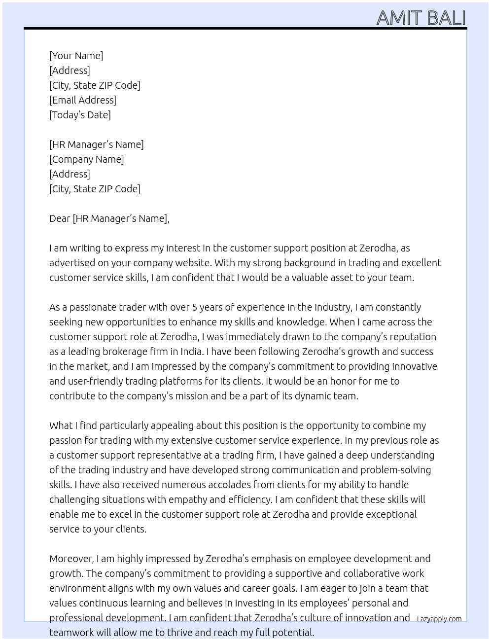 customer support At Zerodha Cover Letter