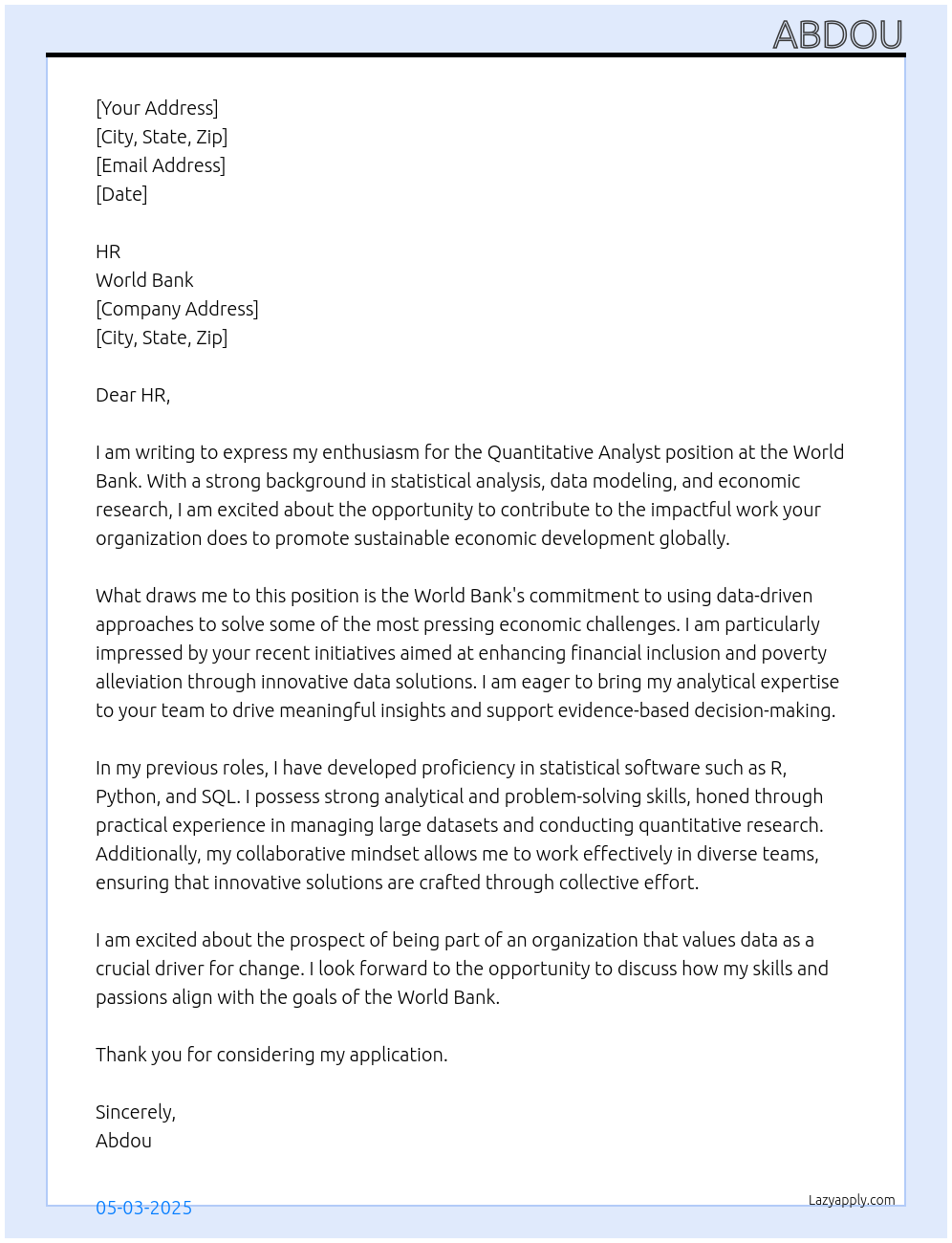 Quantitative analyst At World bank Cover Letter