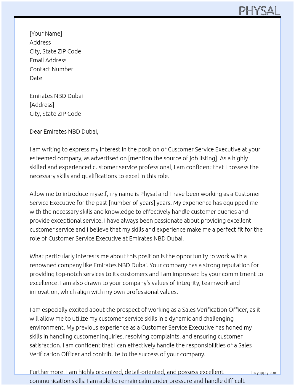 customer service executive At sales verification officer Cover Letter