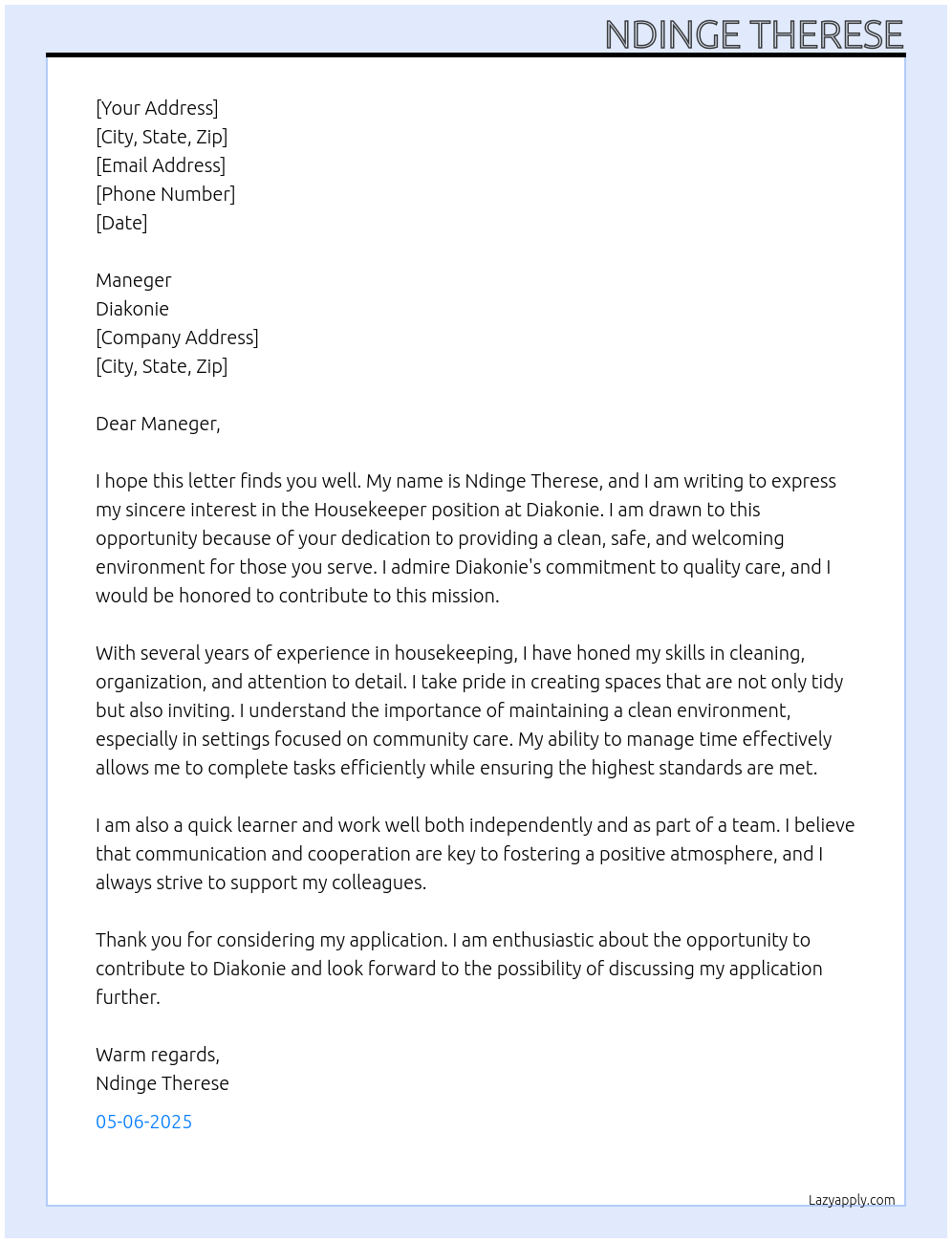 housekeeper At diakonie Cover Letter