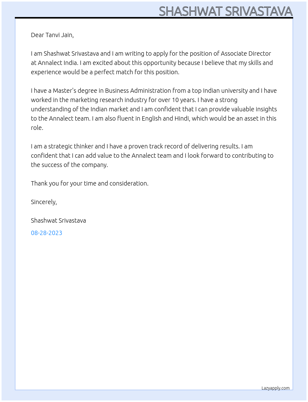 Associate Director At Annalect India Cover Letter