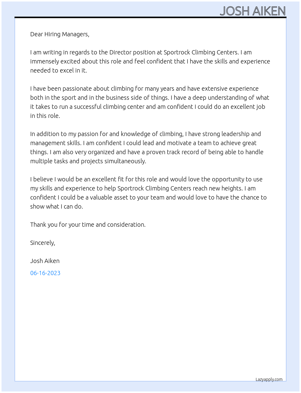 Director At Sportrock Climbing Centers Cover Letter