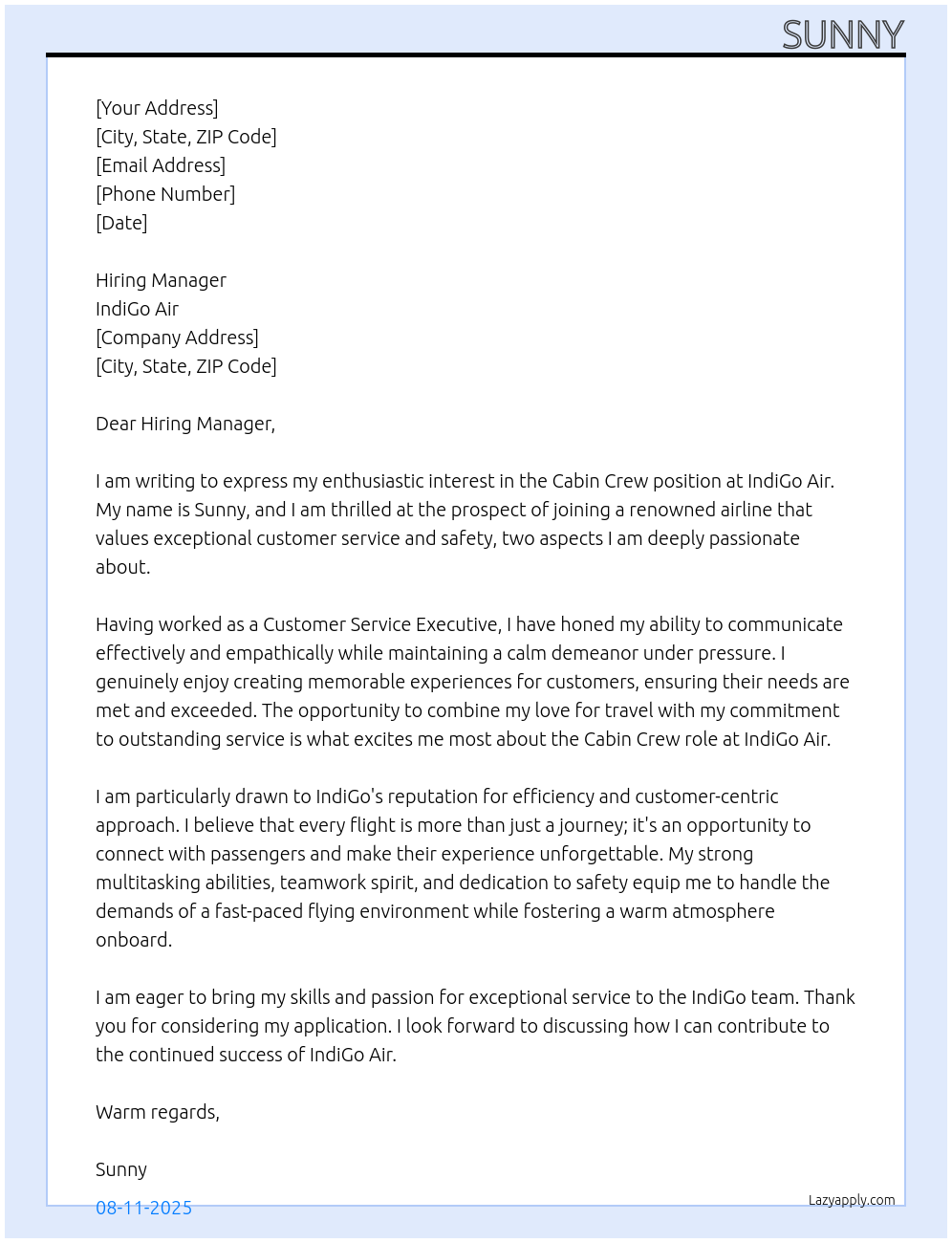 CABIN CREW At INDIGO AIR Cover Letter