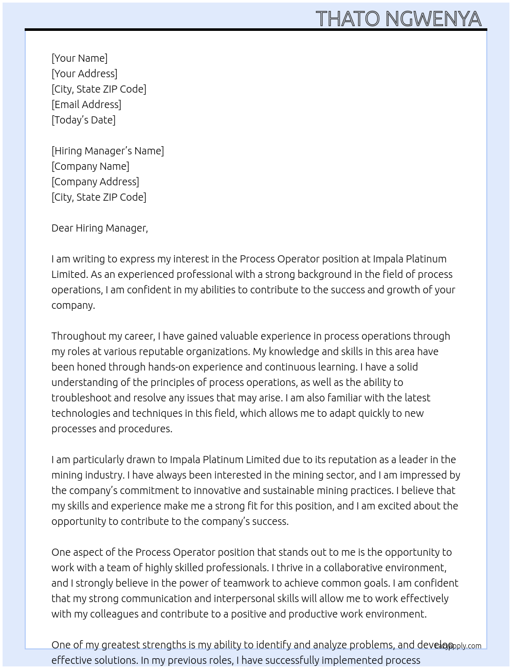 Process operator At Impala Platinum Limited Cover Letter