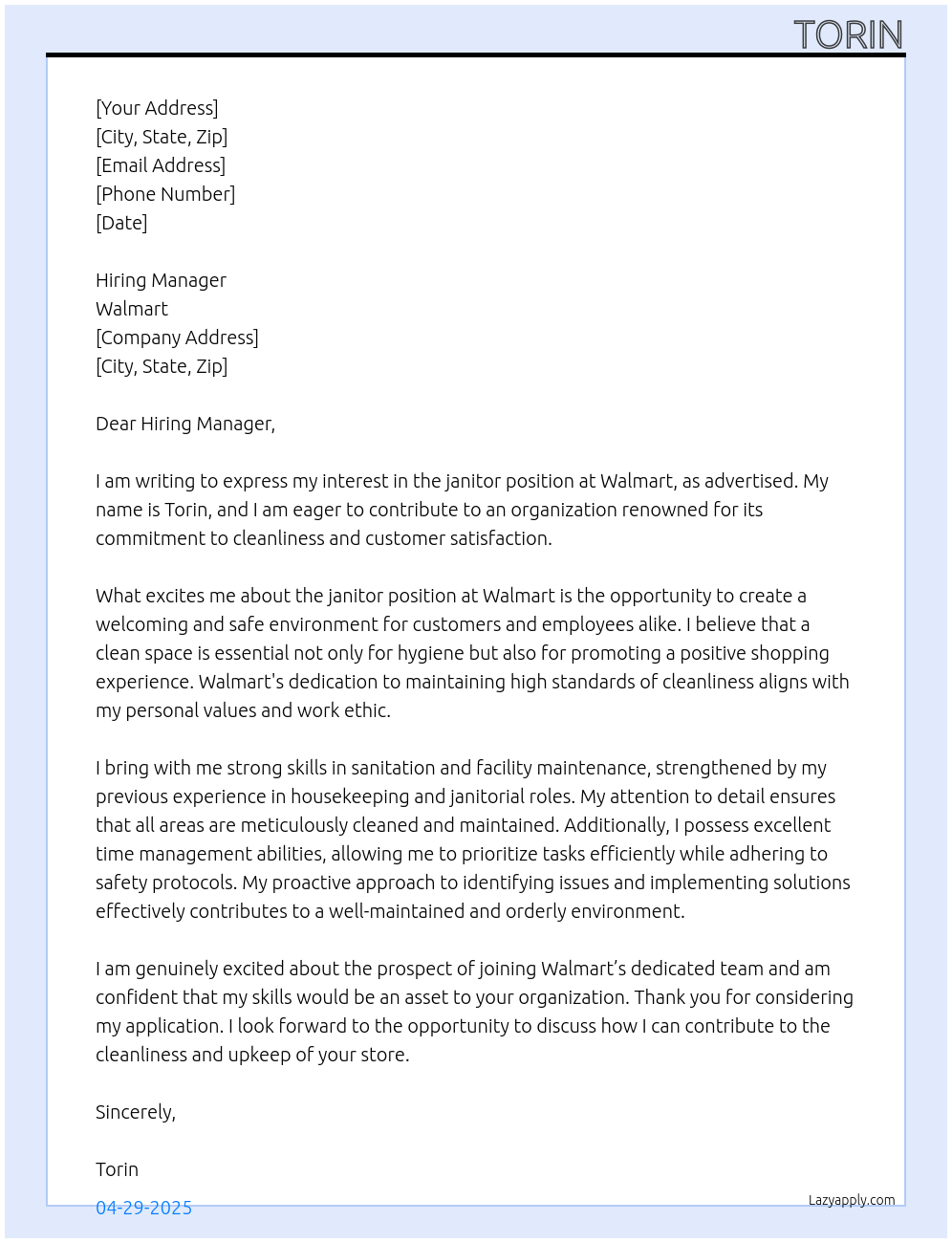 janitor At walmart Cover Letter