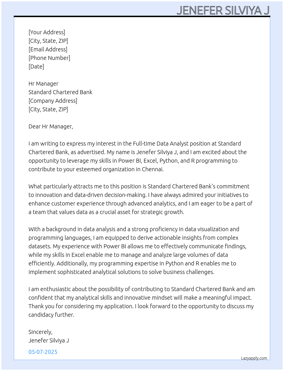 Data Analyst At Standard Chartered Bank Cover Letter