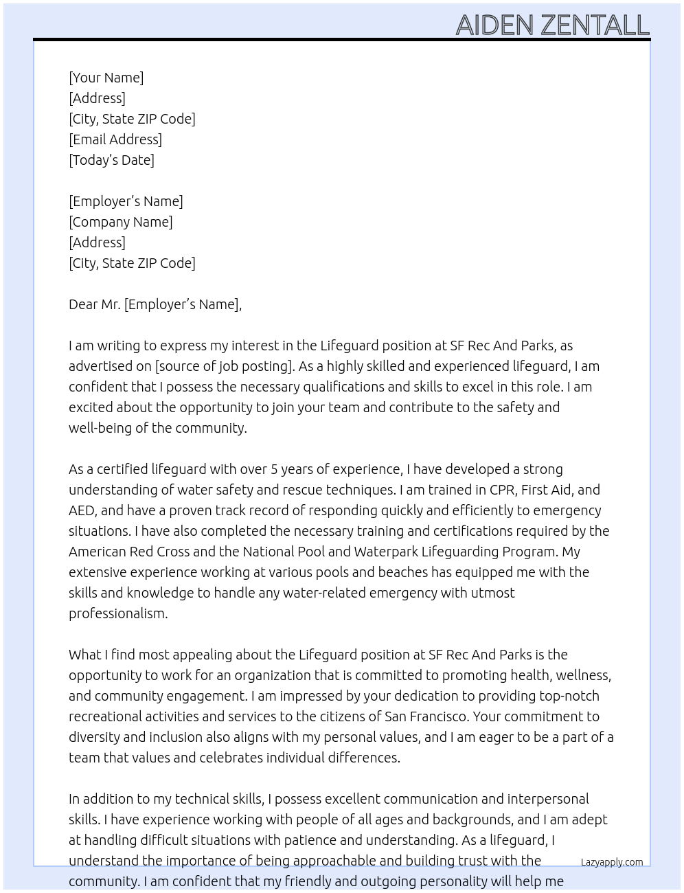 Lifeguard At SF Rec And Parks Cover Letter