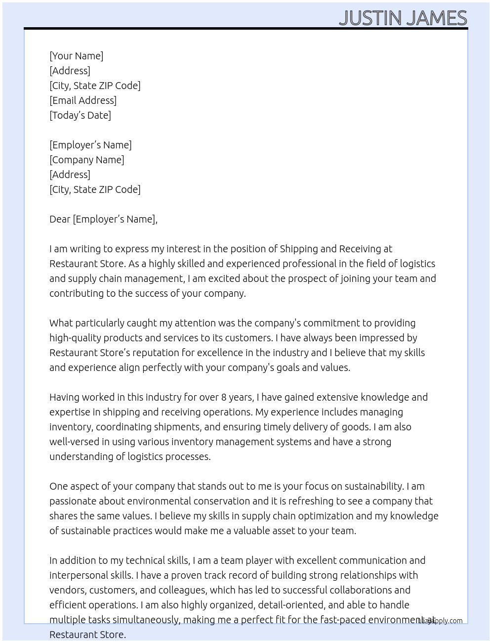 Shipping and receiving  At Restaurant store  Cover Letter