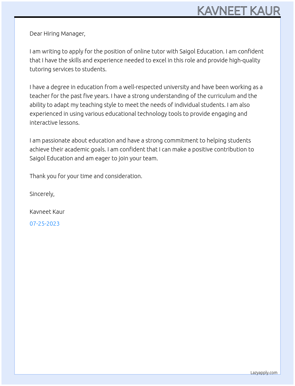 Online tutor At Saigol Education Cover Letter
