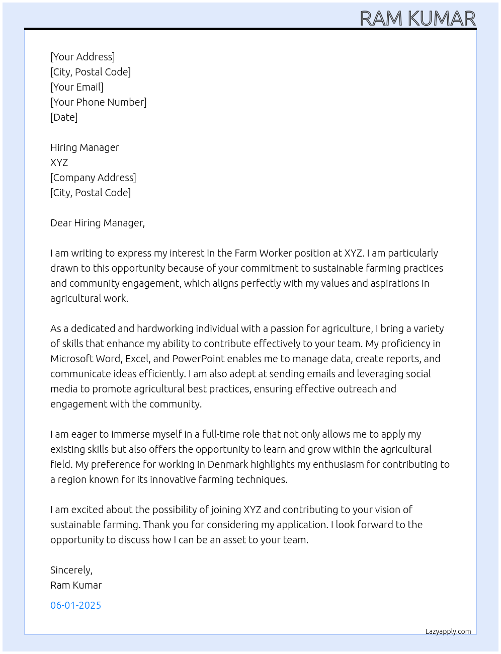 Farm Worker At xyz Cover Letter