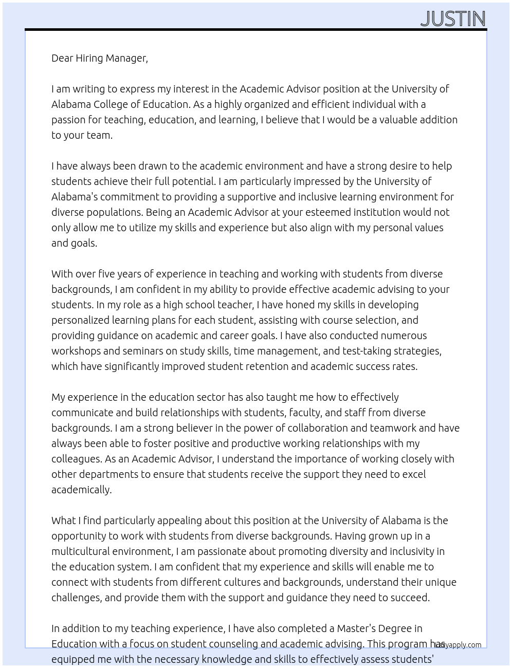 Academic Advisor At University of Alabama College of Education Cover Letter