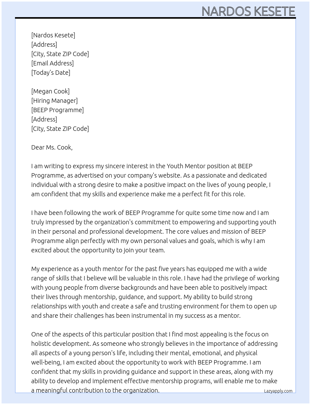 Youth mentor At BEEP Programme Cover Letter