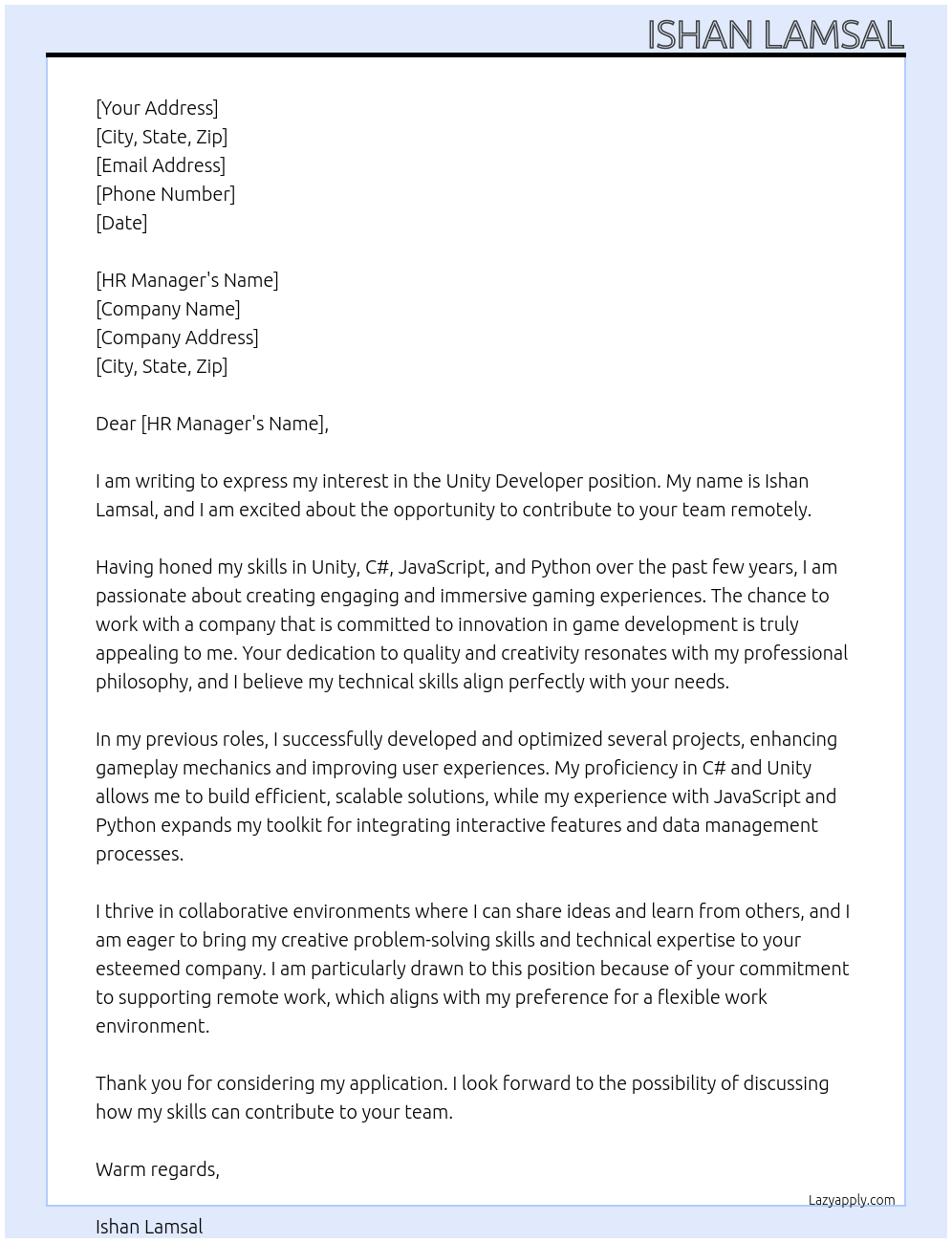 Cover letter for unity developer - LazyApply