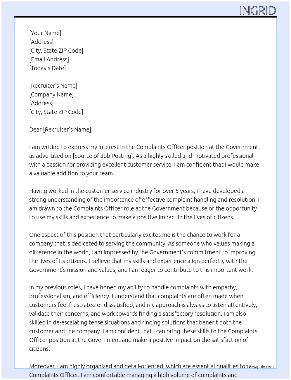 Cover letter for complaints officer - LazyApply