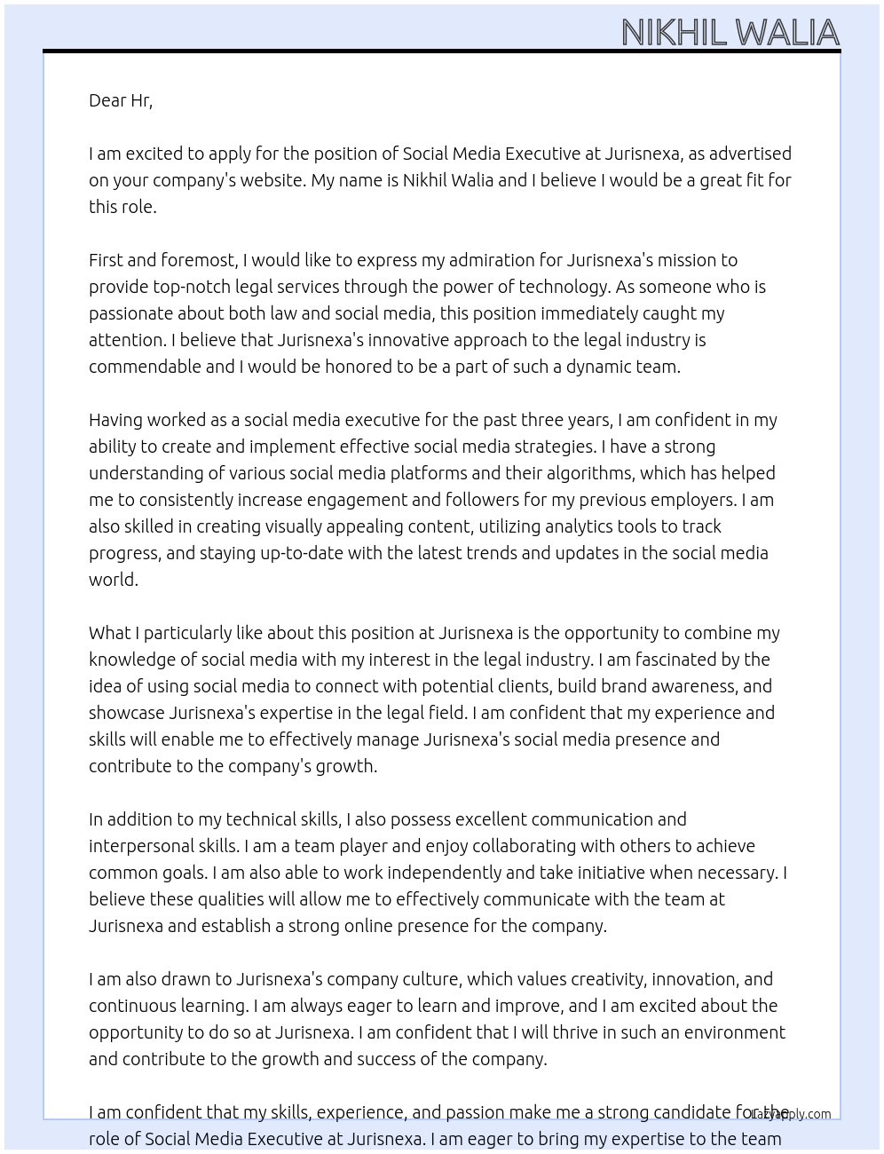 Social media executive At Jurisnexa Cover Letter