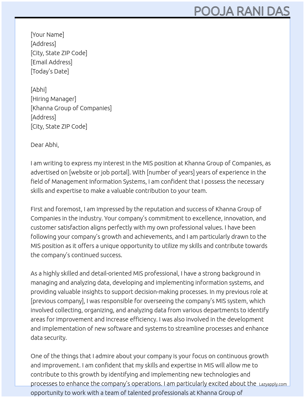 MIS At Khanna Group of Companies Cover Letter