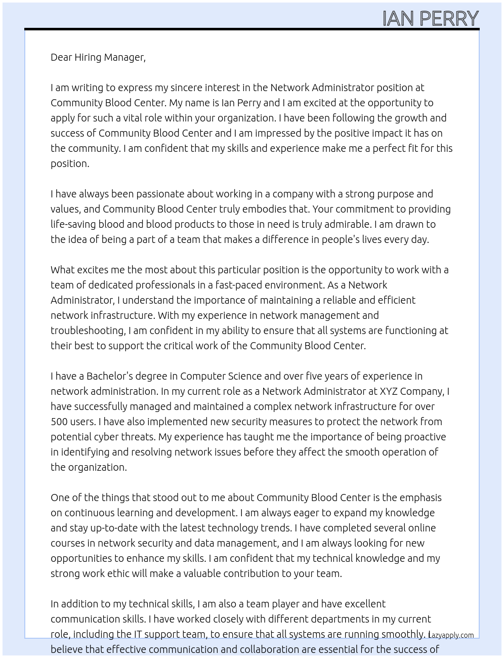 Network Administrator At Community Blood Center Cover Letter