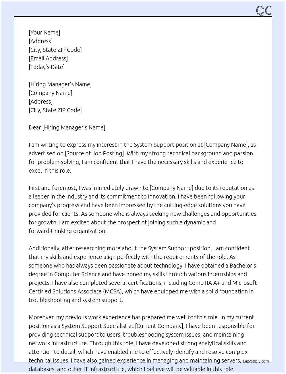 system support At bv Cover Letter