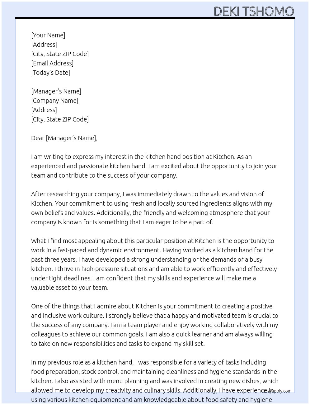 kitchen hand At Kitchen Cover Letter
