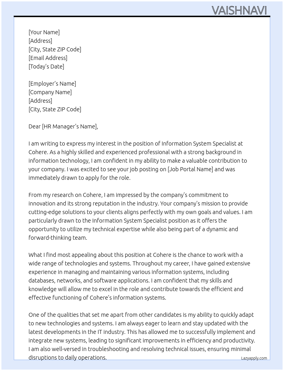 Information system specialist  At Cohere Cover Letter