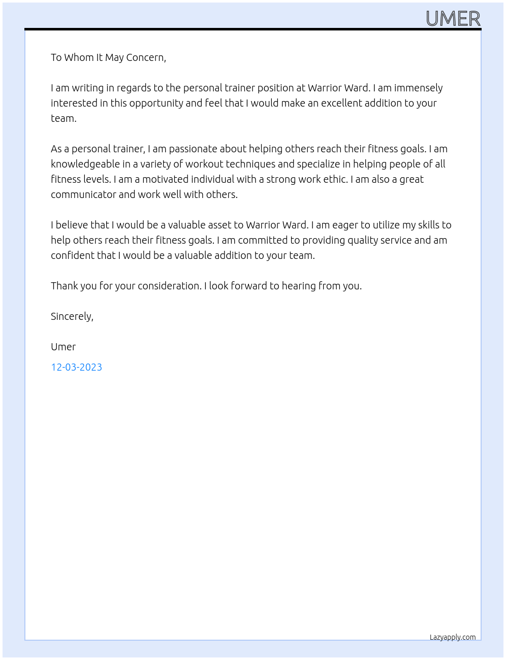 personal trainer At warrior ward Cover Letter