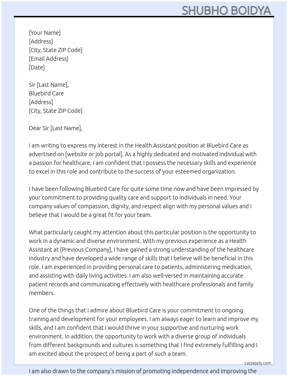 Health Assistant At Bluebird Care Cover Letter