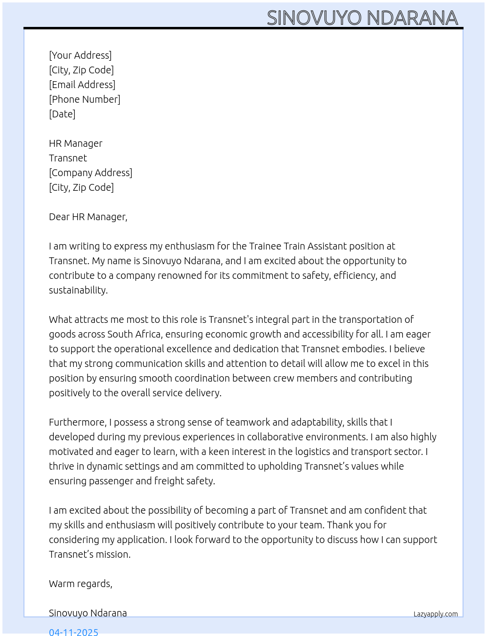 Trainee train assistant  At Transnet  Cover Letter