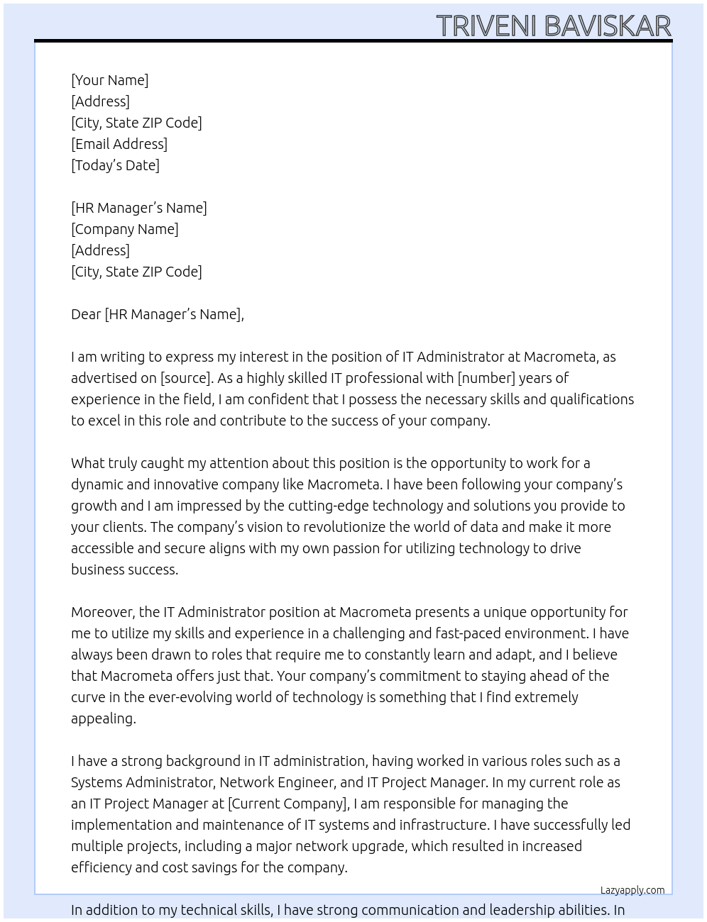 IT Administrator At Macrometa Cover Letter