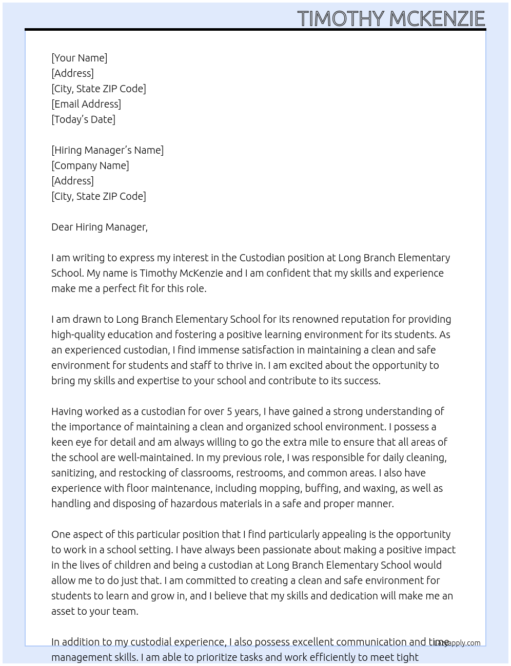Custodian At Long Branch Elementary School Cover Letter