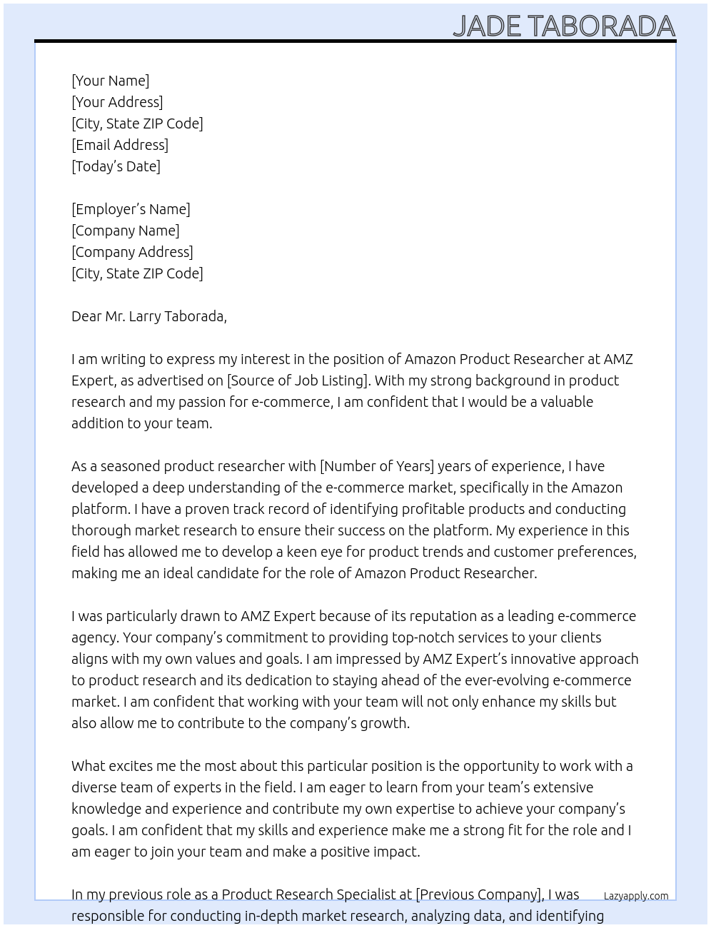 Amazon Product Researcher  At amz expert Cover Letter